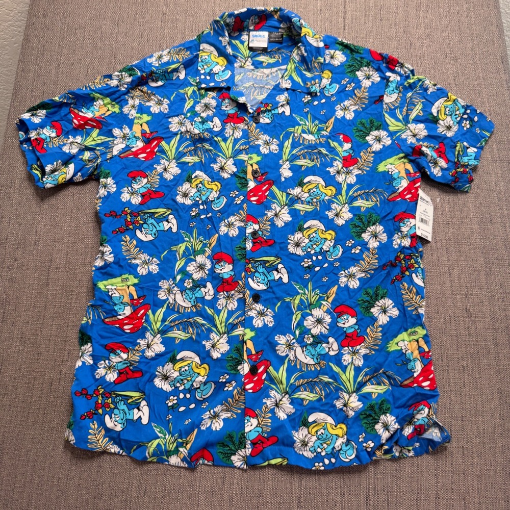 Mad Engine Smurfs Tropical Floral Button Front Shirt Mens Medium Royal Blue New